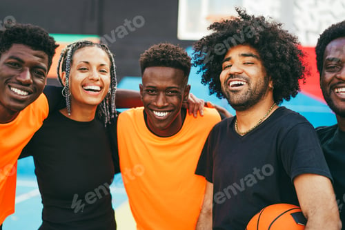 Preview: African friends playing basketball outdoor - Urban lifestyle concept