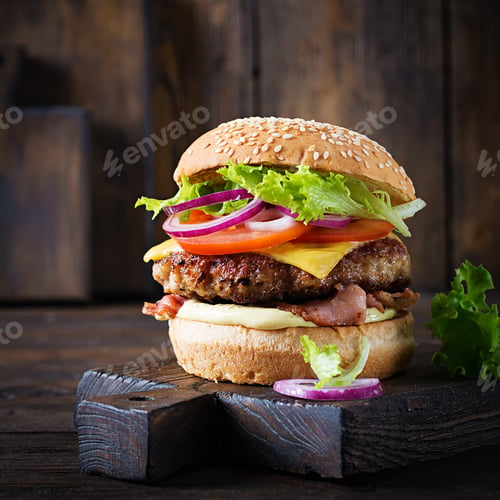 Preview: Hamburger with bacon, turkey burger meat, cheese, tomato and lettuce