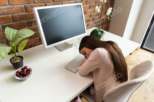 Preview: Children Education. Bored student tired of learning doing homework using pc looking at laptop screen