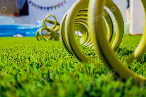 Preview: A garden on a terrace, with a hose coiled for watering.