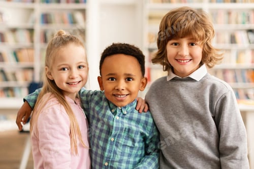 Preview: Portrait of happy multiracial primary school classmates embracing and smiling at camera standing in