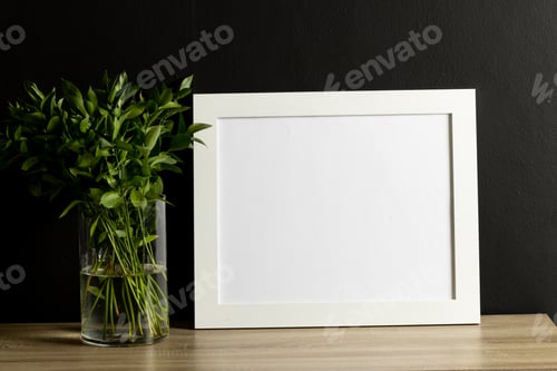Preview: White empty frame with copy space and plant in pot against black wall