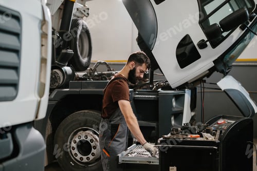 Preview: Mechanic picking tools for repairing truck engine in garage