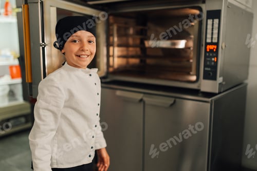 Preview: Young girl chef smiling near an open industrial oven in a bakery kitchen