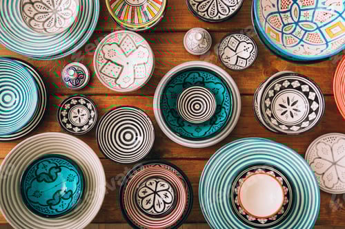 Preview: A vibrant display of various patterned ceramic bowls and plates.