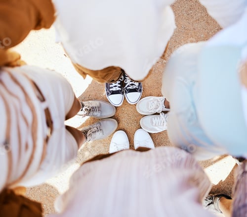 Preview: Friends, group and circle with shoes together for happiness, fun and bonding on holiday. People, sn