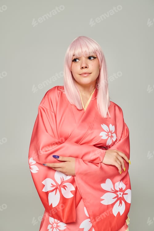 Preview: blonde woman with colorful manicure posing in pink kimono with floral print on grey, anime style