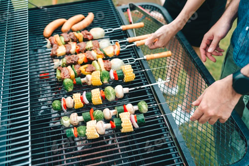 Preview: Group diverse friend having outdoors bbq party together, camping activity lifestyle in summer
