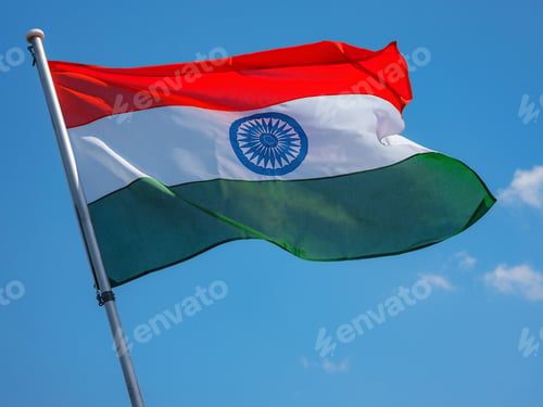 Preview: Beautiful India flag is waving front of historical street in Basel, Switzerland