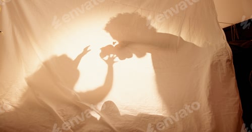 Preview: Toys, parent and child with shadow for playing, imaginary scenario and bonding together in tent. Ho