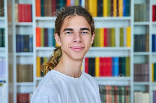 Preview: Portrait of a smiling teenage boy looking at the camera in the library.