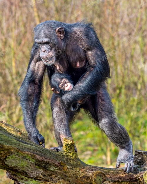 Preview: Closeup of a chimpanzee with its baby on a tree log