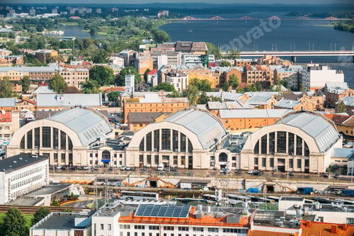 Preview: Riga, Latvia. Aerial Cityscape In Sunny Evening. Famous Landmark