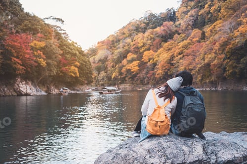 Preview: Young couple traveler looking beautiful landscape at arashiyama Japan, Travel lifestyle concept