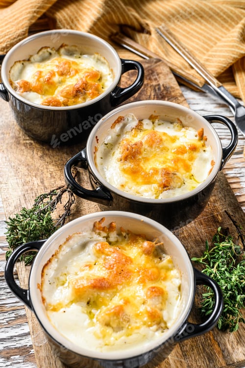 Preview: Chicken and mushroom casserole in a clay pot. White background. Top view