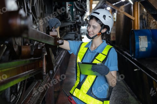 Preview: Portrait of Engineer train Inspect the train's diesel engine, railway track in depot of train