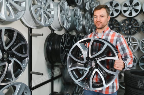 Preview: Car mechanic holding car rims ready to mount the wheels in workshop