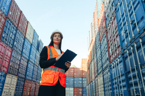 Preview: Woman engineer with Clip Folder in white helmet and vest working in container terminal port