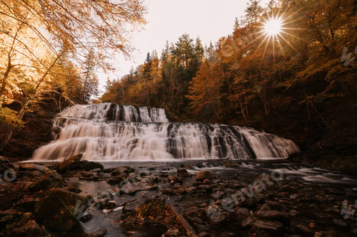Preview: Scenic view of a waterfall flowing down the rocks in a forest on a sunny autumn day