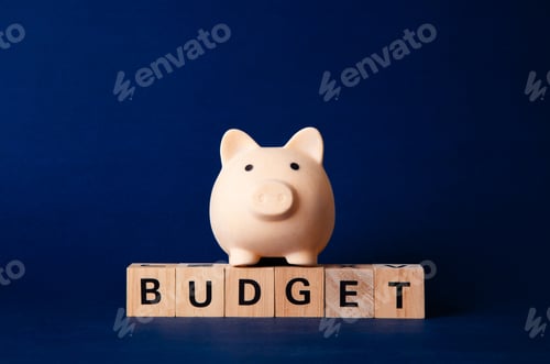 Preview: Piggy bank standing on wooden cubes forming the word budget