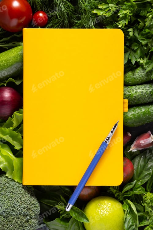 Preview: Variety of fresh vegetables and cookbook on table background. Cookig concept and salad ingredients