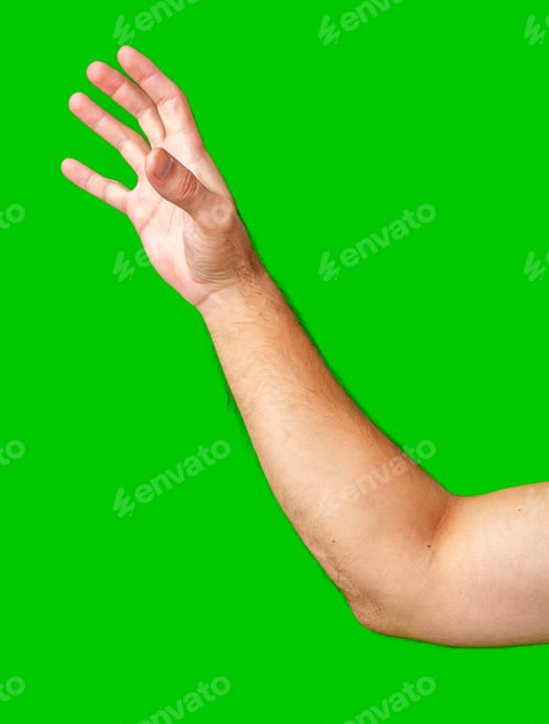 Preview: human arm gesturing with raised fingers against a bright green backdrop