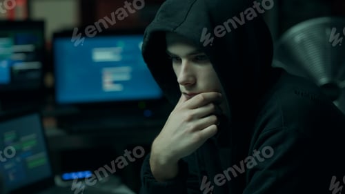 Preview: Hacker with hoodie working with a computer