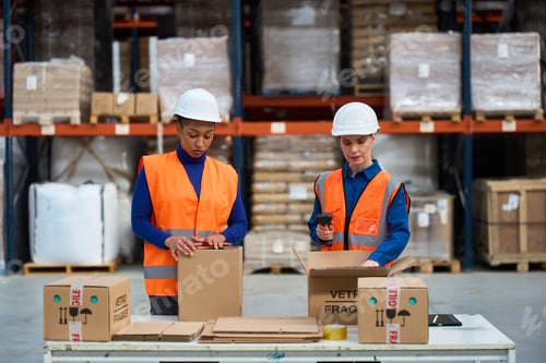 Preview: Women workers packaging goods in warehouse logistics distribution center