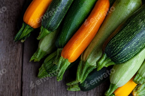 Preview: Multi-colored zucchini on the table. Vegetables harvest. Yellow and green zucchini