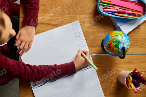 Preview: Focused schoolgirl sit at desk doing homework handwriting, homeschooling.