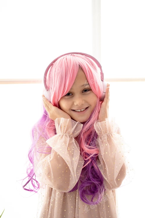 Preview: Kawaii vibes. Little girl with pink hair have party. Listening music with headphones