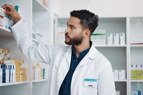 Preview: Pharmacy, medical and shelf with man in store for healthcare, drugs dispensary and treatment prescr