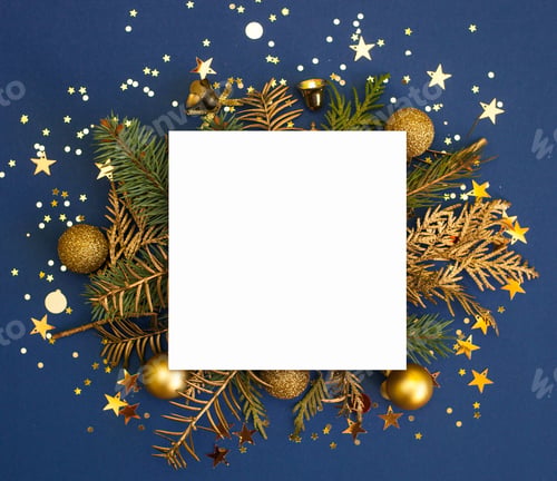 Preview: Christmas Card. Blue background, natural decorations and blank white paper.
