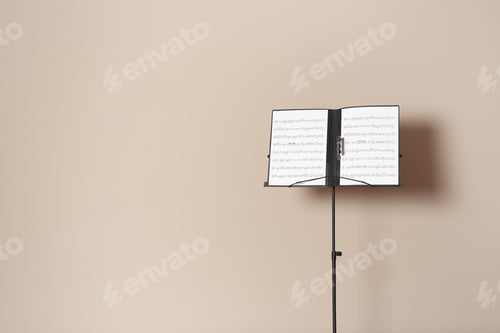Preview: Note stand with music sheets on color background. Space for text