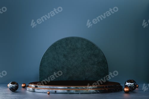 Preview: Black marble stand with golden details for product presentation. Elegant and modern scene