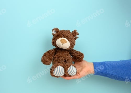 Preview: Female hand hold a small brown toy teddy bear