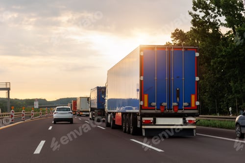 Preview: Queue of Trucks on Ukraine-Poland Border traffic jam at Sunset During Protest Roadblock. Business