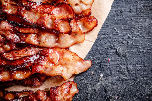 Preview: Pieces of fried bacon on paper.