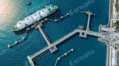 Preview: LNG (Liquified Natural Gas) tanker anchored in Gas terminal gas tanks for storage. Oil Crude