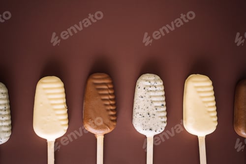 Preview: Line of milk and white chocolate popsicles on brown background, top view