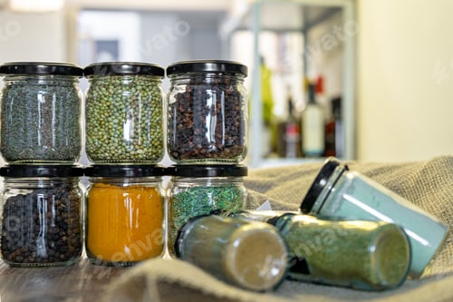 Preview: indian spices and herbs in glass jars for cooking, indian spices, multi colored
