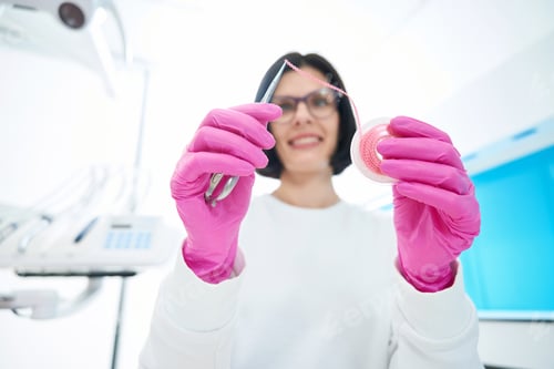 Preview: Smiling female doctor holding dental floss with special tweezers