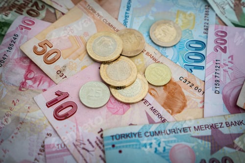 Preview: Turkish Lira Banknotes and Coins Close Up