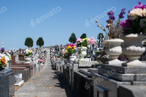 Preview: Row of tombstones in a grave yard on a bright sunny day against blue sky