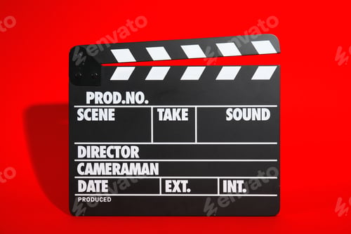 Preview: Clapperboard on color background. Modern cinema production