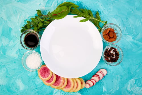 Preview: Empty white plate. Ingredient and salad