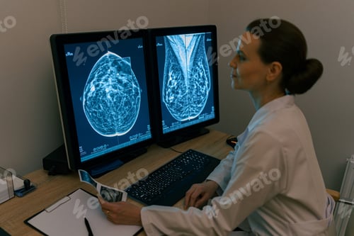 Preview: Smiling professional doctor radiologist analyzing scan MRI images in medical center