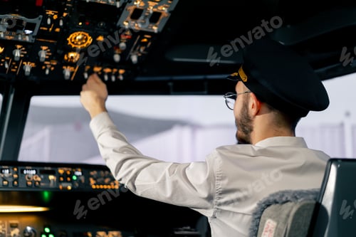 Preview: Airplane cabin The pilot checks the electronics by pressing the buttons Preparing passenger liner