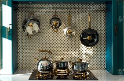 Preview: various dishware on stove and hanging in kitchen