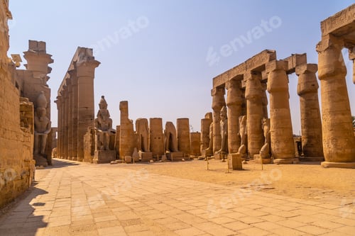 Preview: Sculptures of pharaohs and ancient Egyptian drawings on the columns of the Luxor Temple